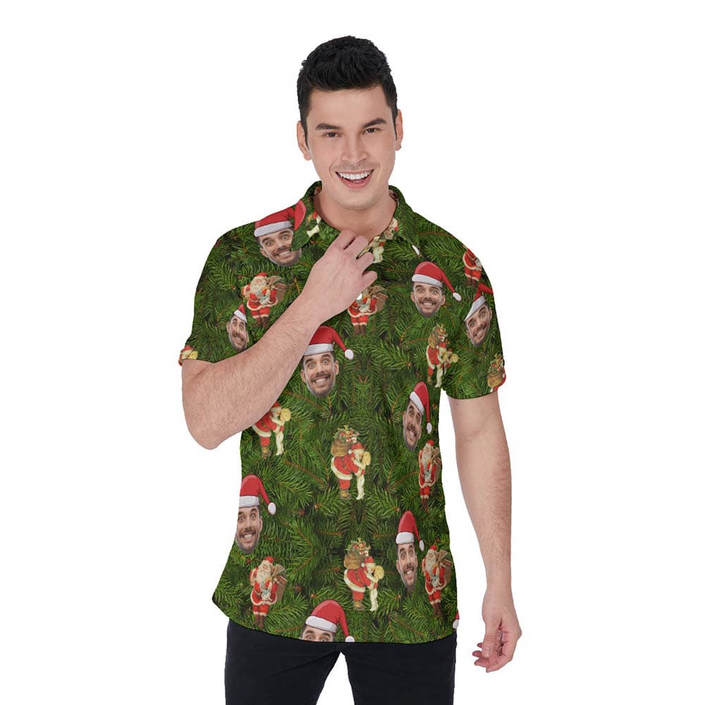 Santa Claus Custom Face Green Hawaiian Polo Shirt For Men