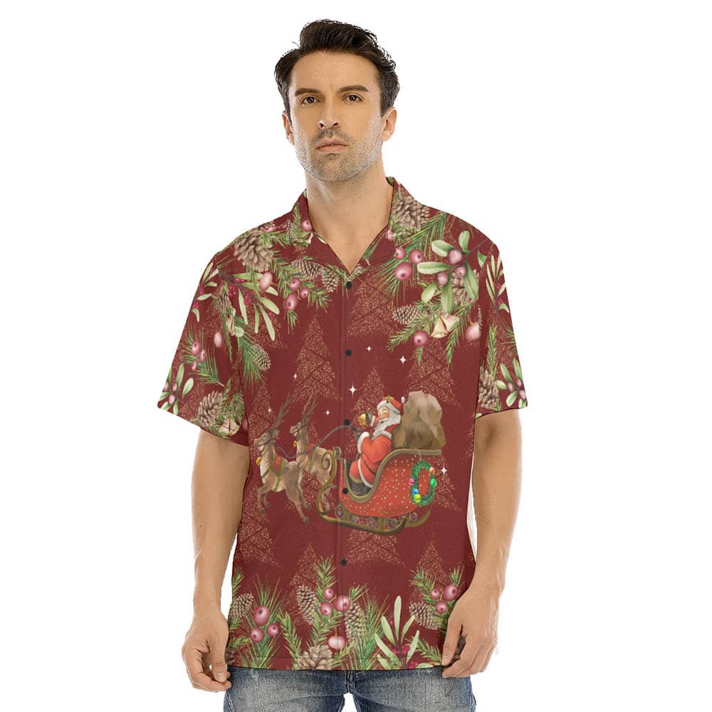 Santa Claus Riding Sleigh Tropical Classic Red Hawaiian Shirt For Men
