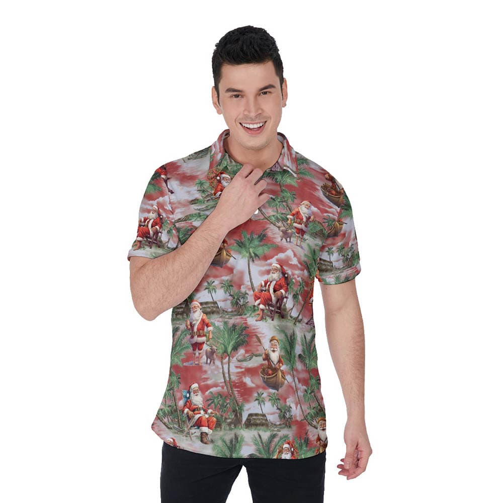 Santa On The Beach Tropical Hawaiian Polo Shirt For Men