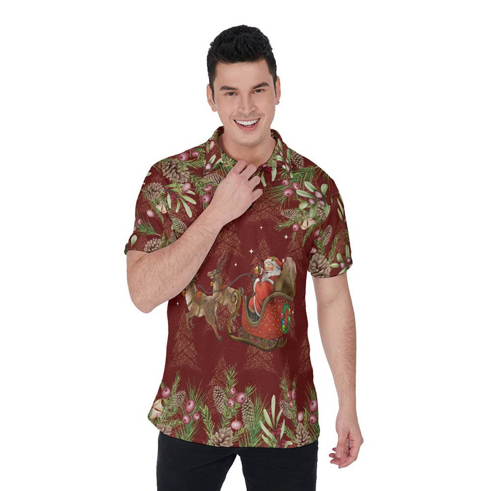 Santa Riding Sleigh Vintage Floral Red Hawaiian Polo Shirt For Men