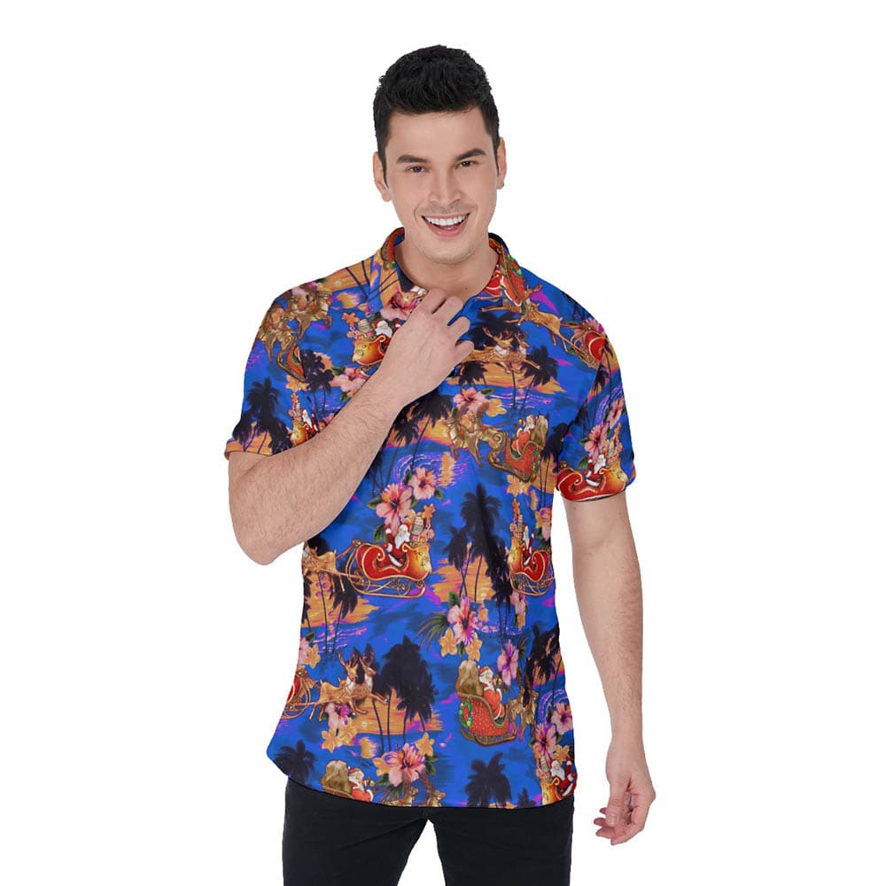 Santa Riding Sleigh Vintage Tropical Hawaiian Polo Shirt For Men