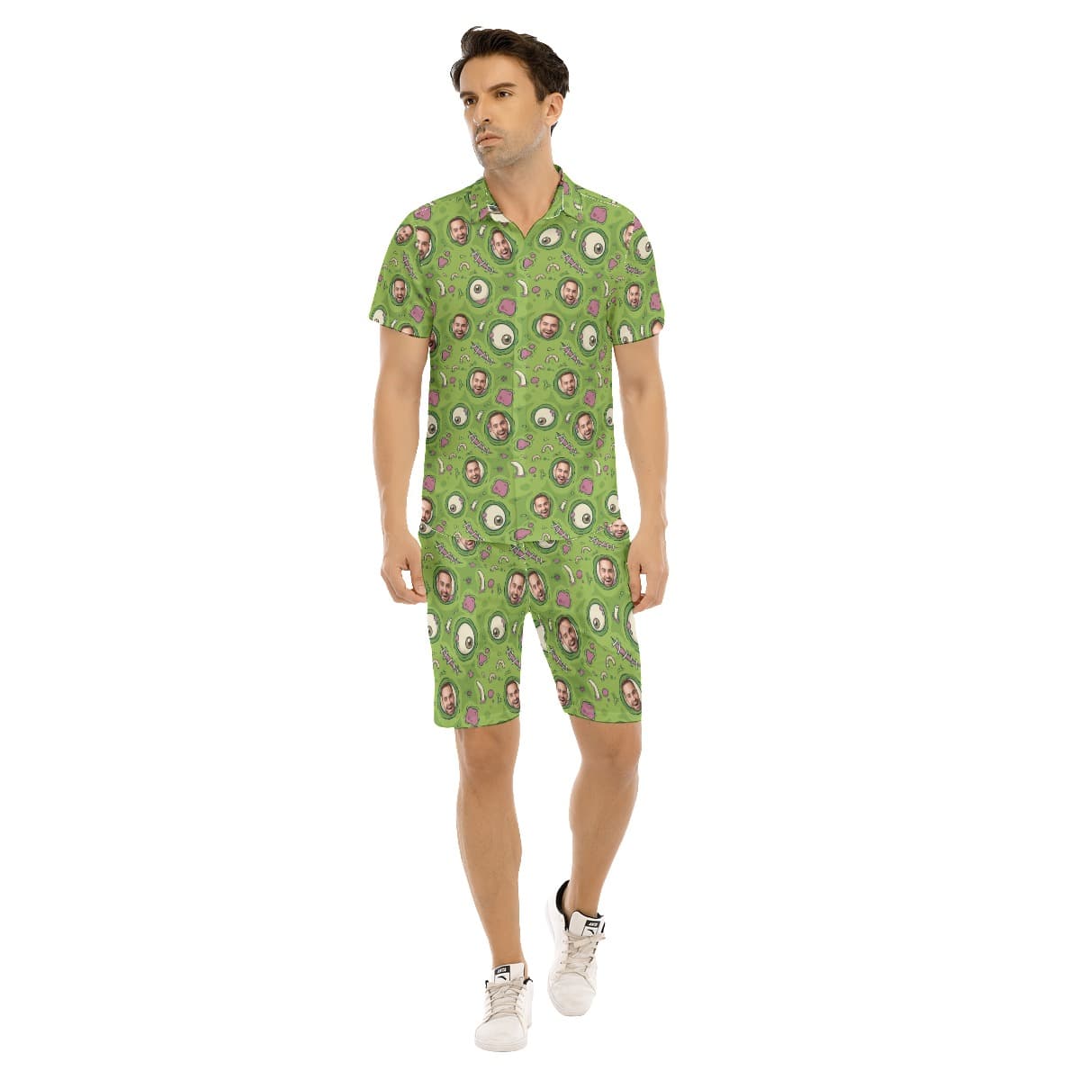 Set Custom Face Creepy Zombie Skin Green Hawaiian Shirt And Shorts For Men (1)