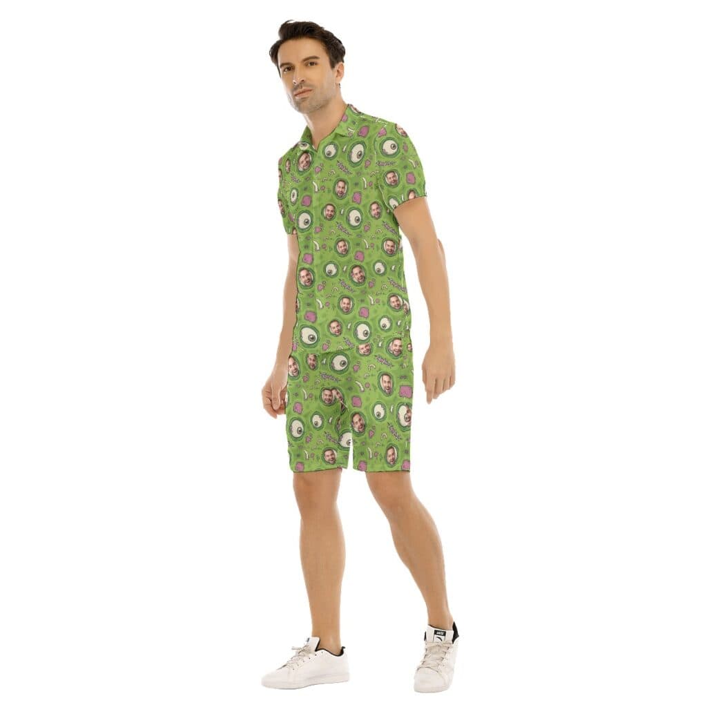 Set Custom Face Creepy Zombie Skin Green Hawaiian Shirt And Shorts For Men