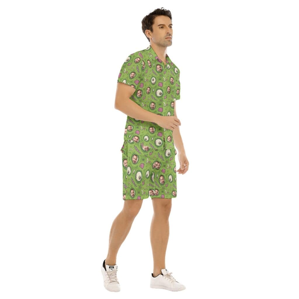 Set Custom Face Creepy Zombie Skin Green Hawaiian Shirt And Shorts For Men