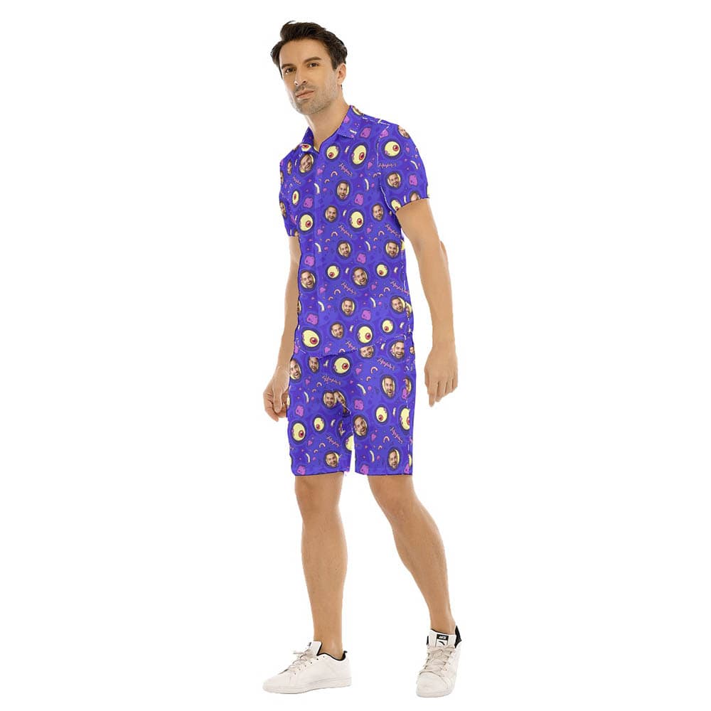 Set Custom Face Halloween Creepy Zombie Skin Purple Hawaiian Shirt And Shorts
