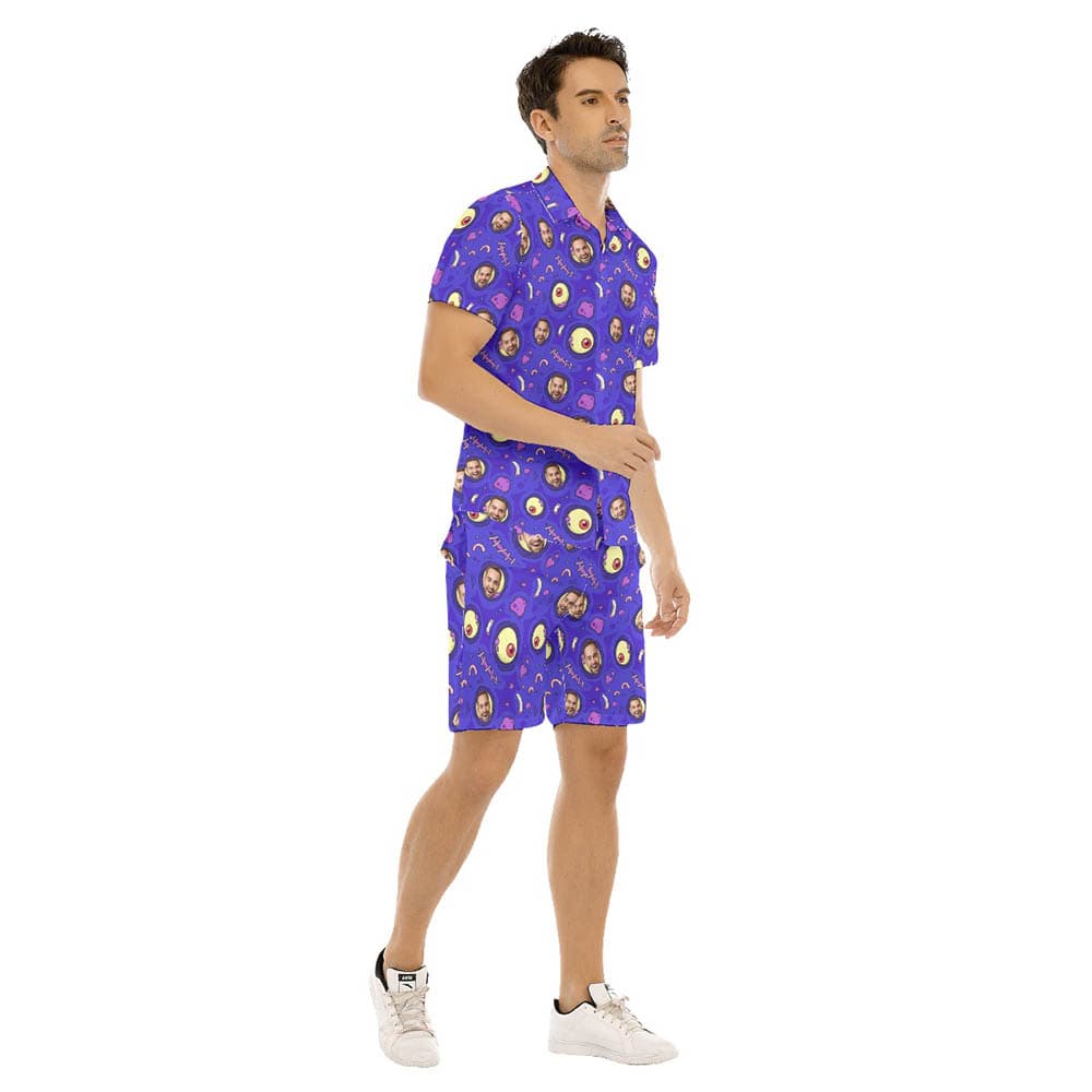 Set Custom Face Halloween Creepy Zombie Skin Purple Hawaiian Shirt And Shorts