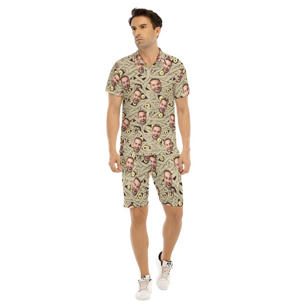 Set Custom Face Halloween Mummy Hawaiian Shirt And Shorts For Men