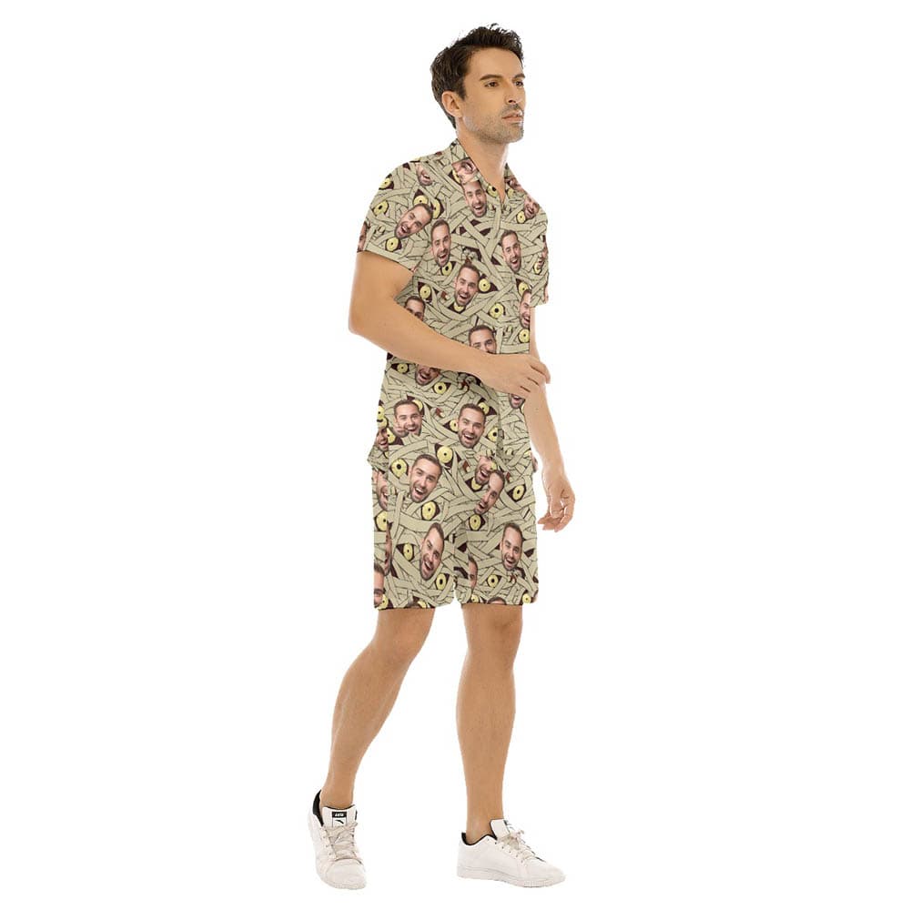 Set Custom Face Halloween Mummy Hawaiian Shirt And Shorts For Men