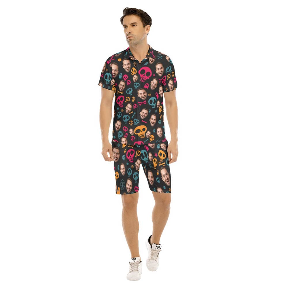 Set Custom Face Halloween Skull Hawaiian Shirt And Shorts For Men