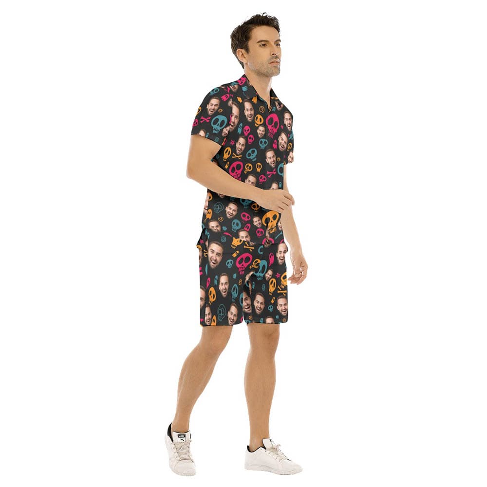 Set Custom Face Halloween Skull Hawaiian Shirt And Shorts For Men