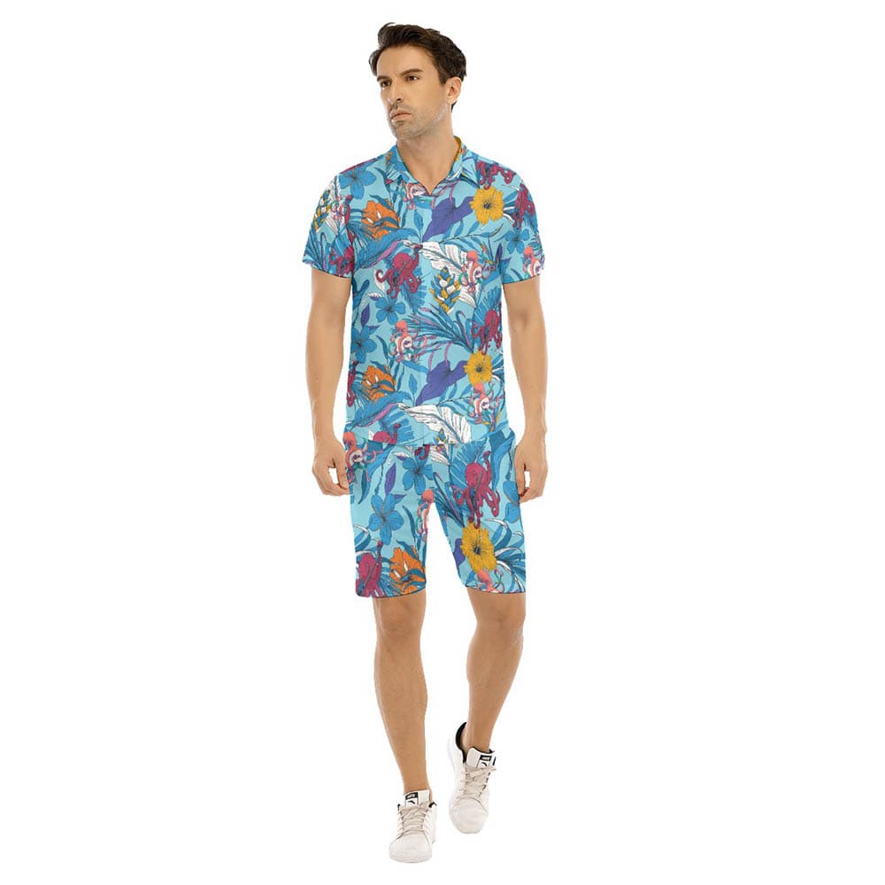 Set Floral Octopus Guitar Blue Hawaiian Shirt And Shorts For Men