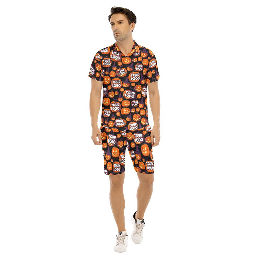 Set Scary Halloween Pumpkin Custom Logo Hawaiian Shirt And Shorts For Men