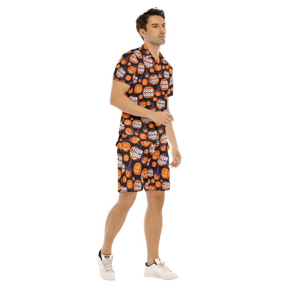 Set Scary Halloween Pumpkin Custom Logo Hawaiian Shirt And Shorts For Men