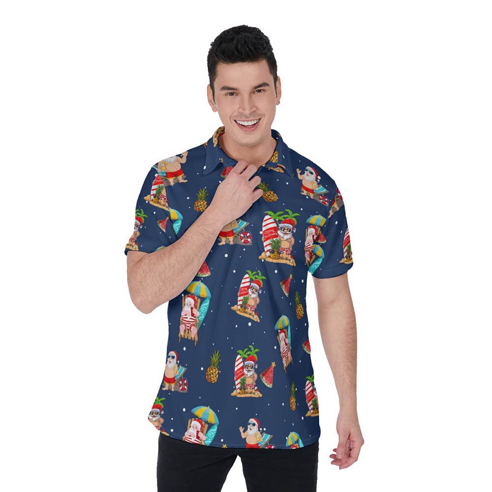 Summer Santa Christmas Hawaiian Polo Shirt For Men