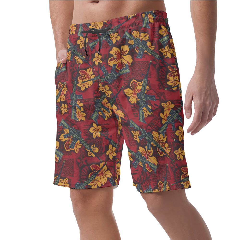 Tactical Gun Vintage Hibiscus Red Hawaiian Men's Shorts