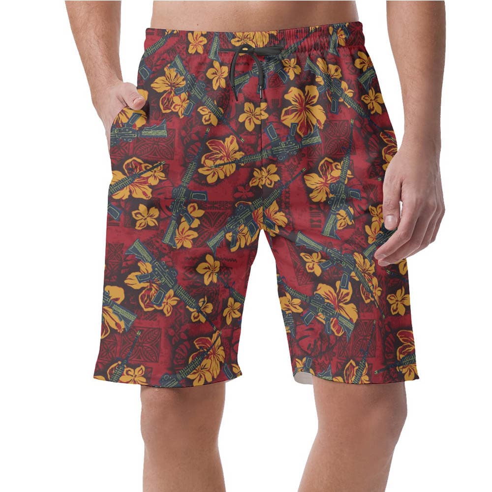 Tactical Gun Vintage Hibiscus Red Hawaiian Men's Shorts