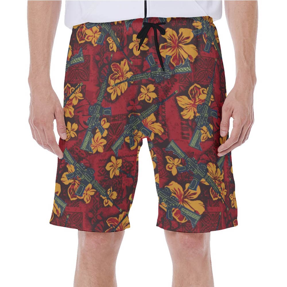 Tactical Gun Vintage Hibiscus Red Hawaiian Swim Trunks For Men