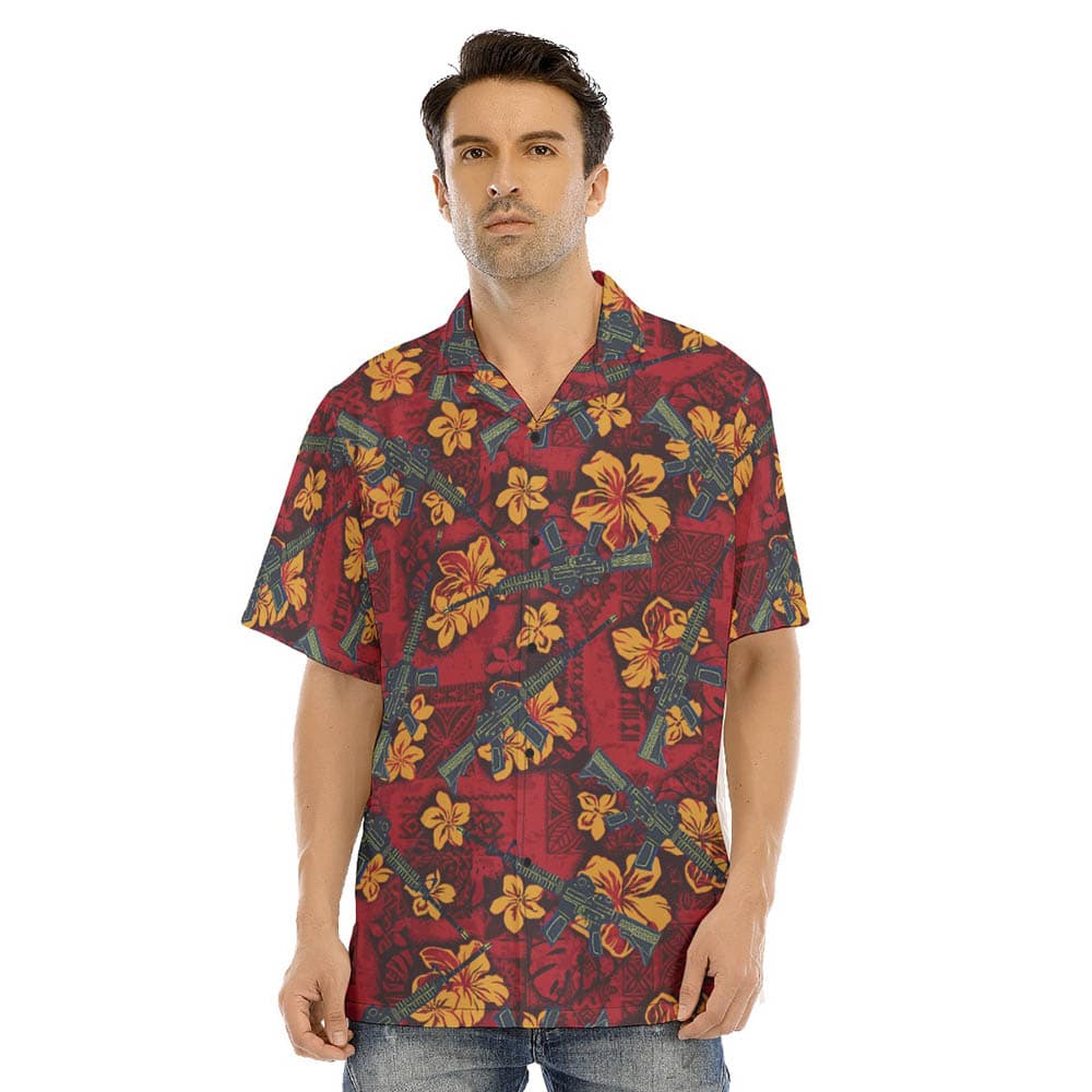 Tactical Gun Vintage Hibiscus Red Men's Hawaiian Shirt