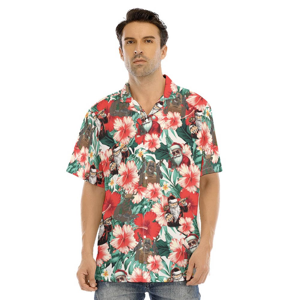 Tactical Santa Claus And Reindeer Christmas Floral Hawaiian Shirt