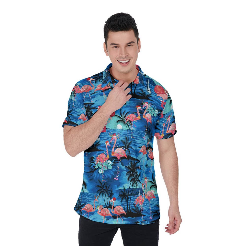 Tropical Blue Beach Christmas Flamingo Hawaiian Polo Shirt For Men