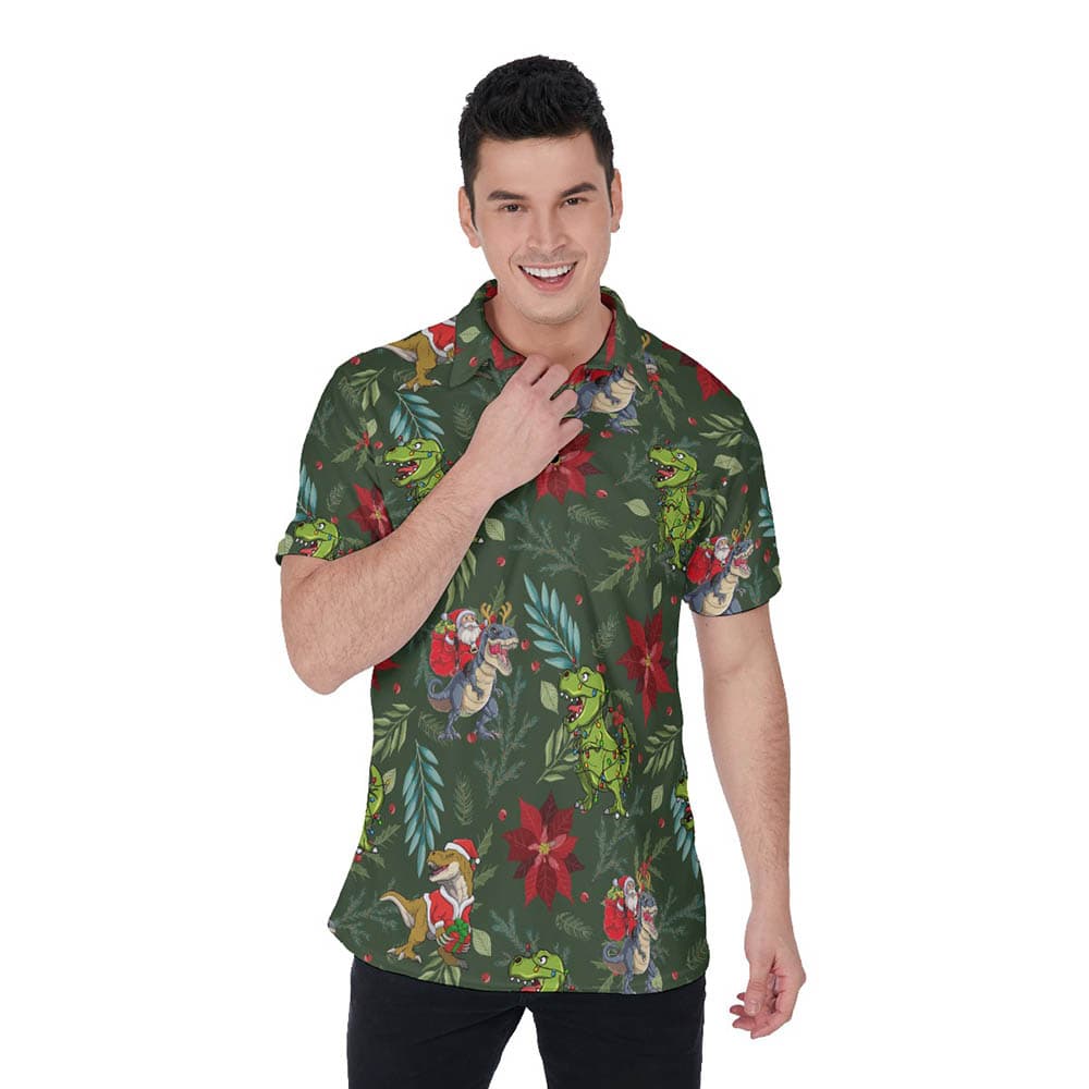 Tropical Christmas Dinosaur Poinsettia Hawaiian Polo Shirt For Men