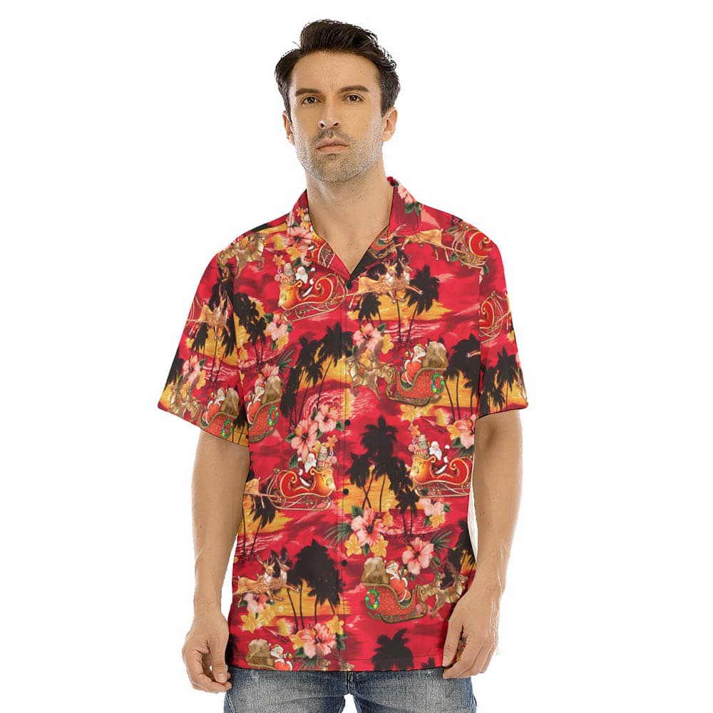 Tropical Sunset Beach Santa Riding Sleigh Red Hawaiian Shirt