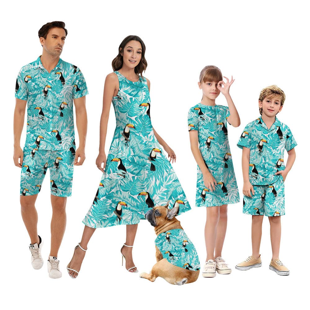 Tropical Toucan Blue Matching Family Hawaiian Outfits