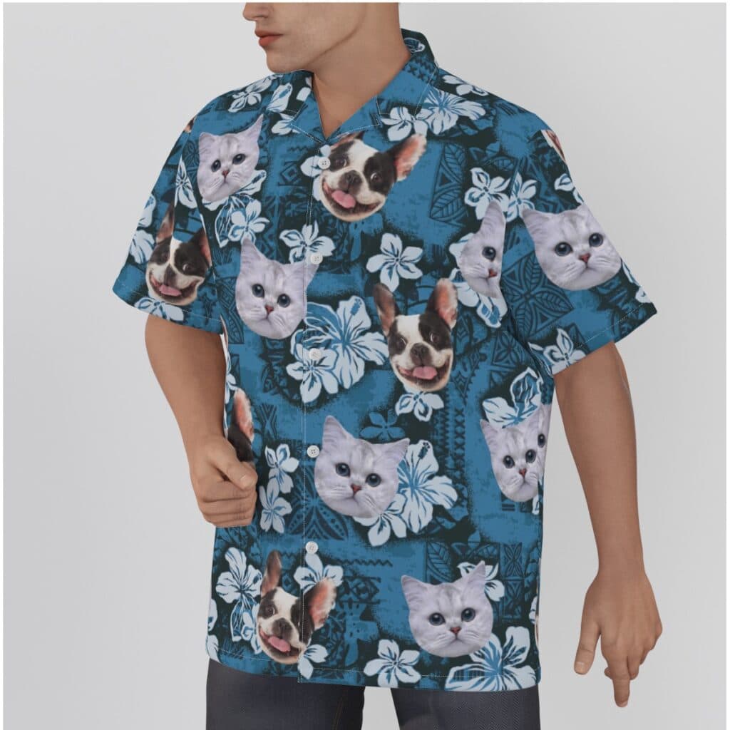 Vintage Blue Hawaiian Shirt With Cat Face