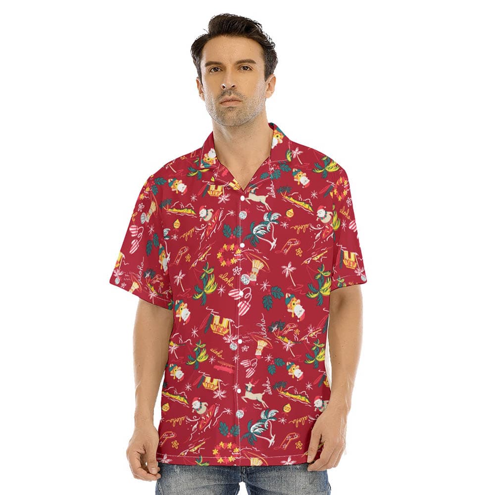 Vintage Christmas Santa Ukulele Red Aloha Shirt