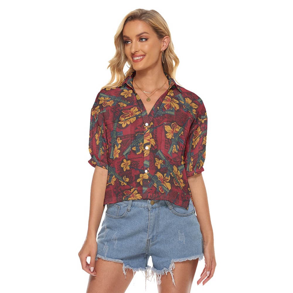 Vintage Hibiscus Tactical Gun Red Women's Hawaiian Cropped Shirt