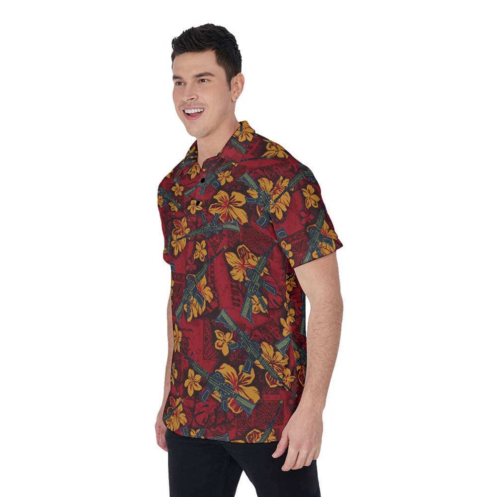 Vintage Tactical Gun Hibiscus Hawaiian Polo Golf Shirt