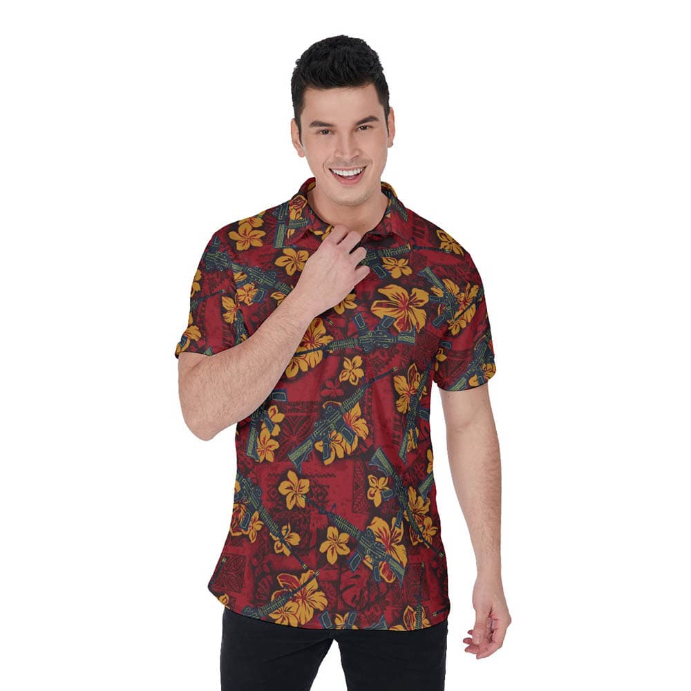 Vintage Tactical Gun Hibiscus Hawaiian Polo Golf Shirt