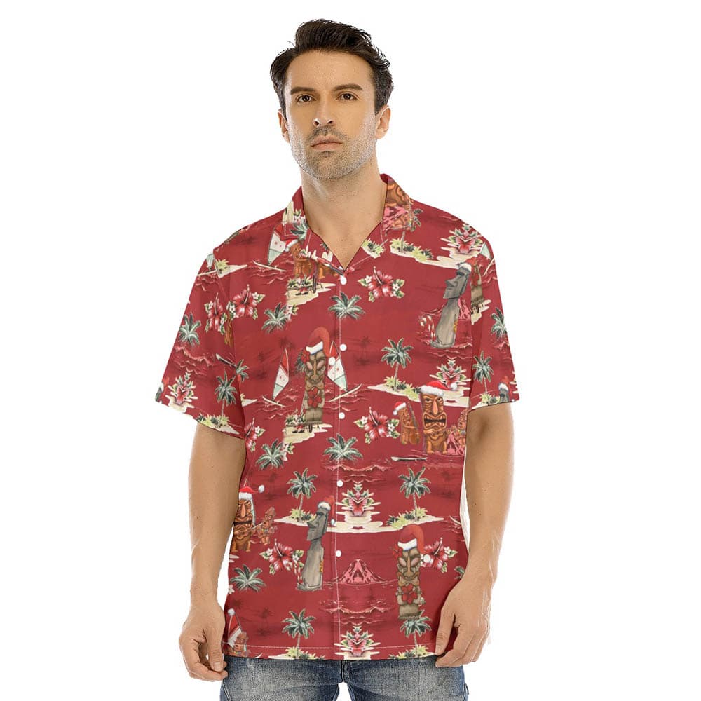 Vintage Tiki Christmas Tropical Red Hawaiian Shirt