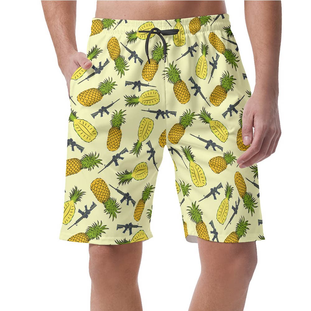 Yellow Pineapple Tactical Gun Hawaiian Beach Shorts For Men