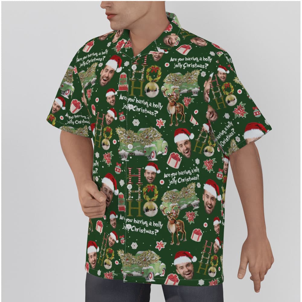 Are You Having A Holly Jolly Christmas Custom Face Green Hawaiian Shirt