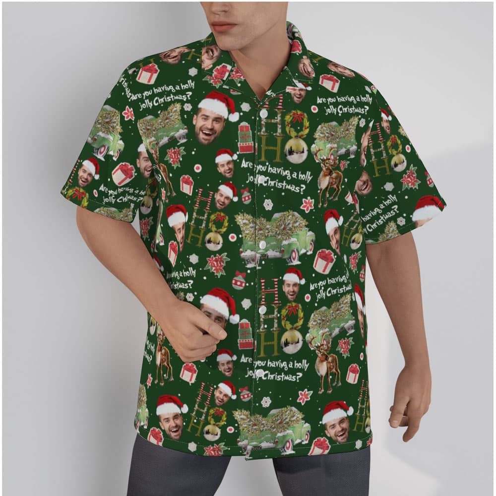 Are You Having A Holly Jolly Christmas Custom Face Green Hawaiian Shirt