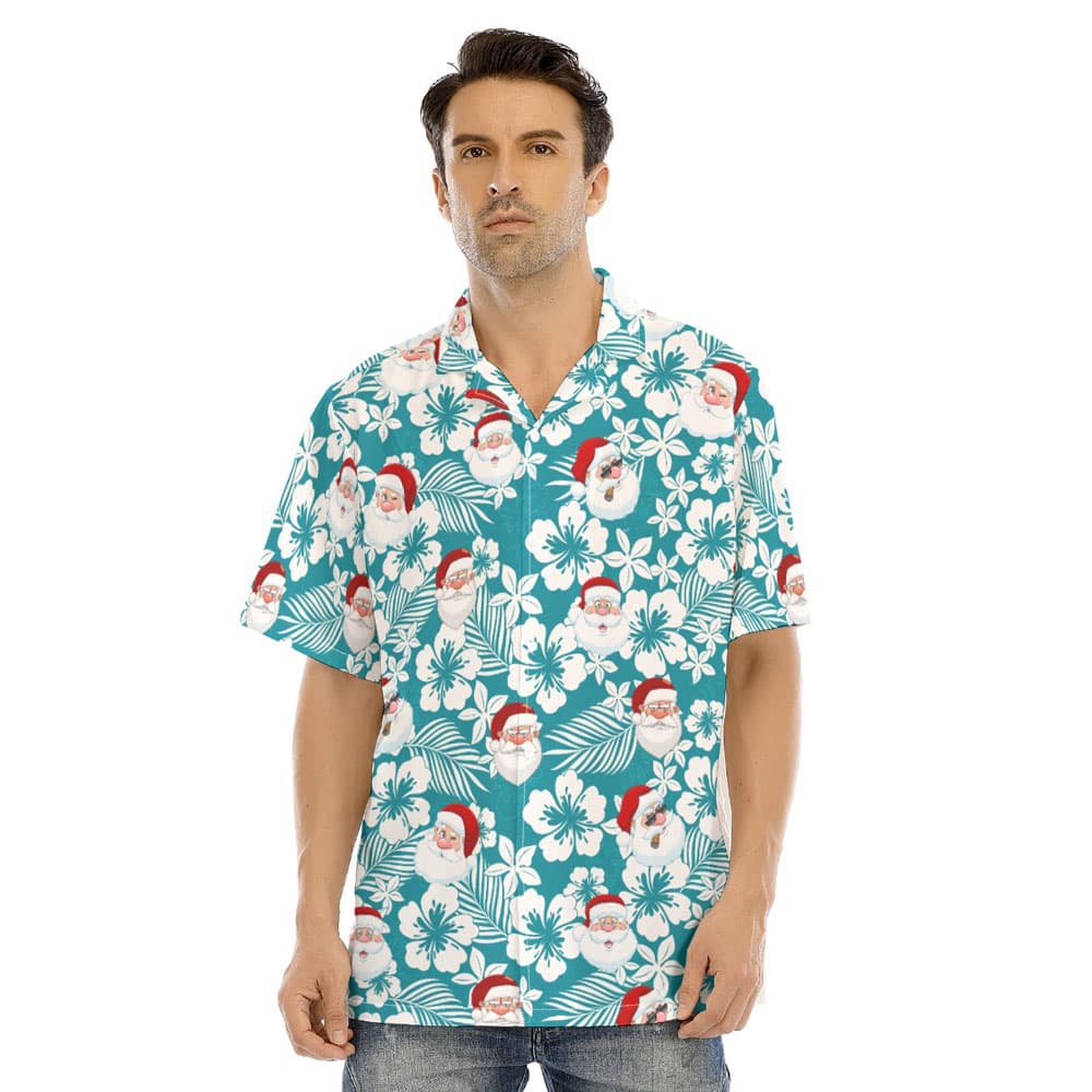 Blue Hibiscus Christmas Santa Hawaiian Shirt