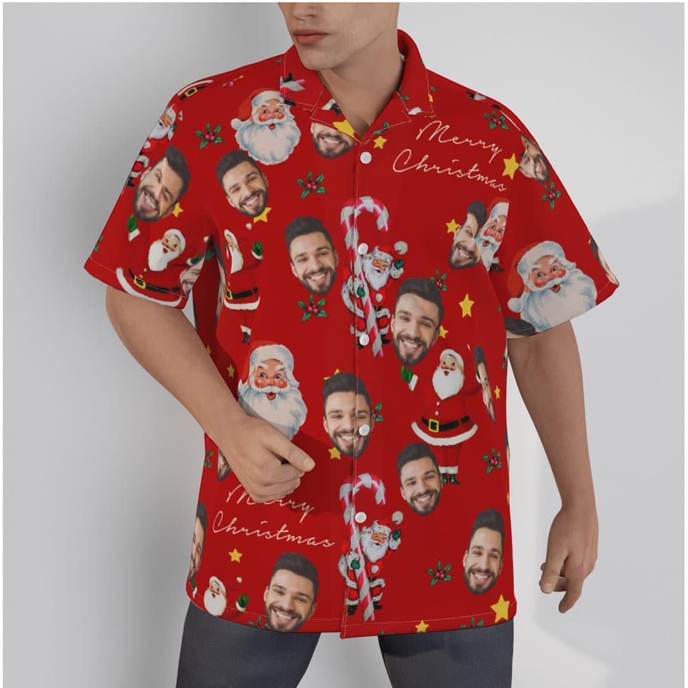 Christmas Santa Candy Cane Vintage Hawaiian Shirt With Custom Face