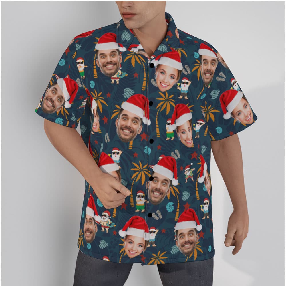 Christmas Santa On Vacation Navy Hawaiian Shirt With Custom Face