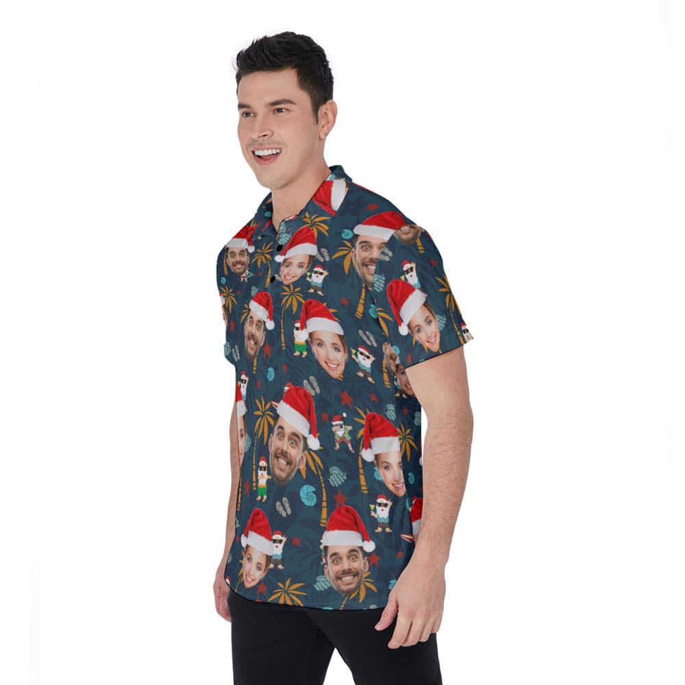 Christmas Santa Vacation Navy Hawaiian Polo Shirt With Custom Face