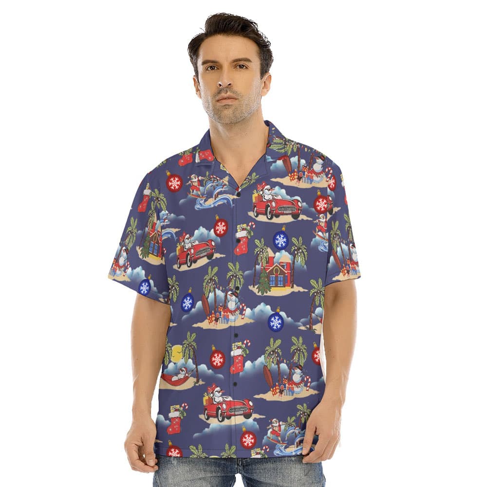 Christmas Snowman On Beach Vintage Navy Hawaiian Shirt