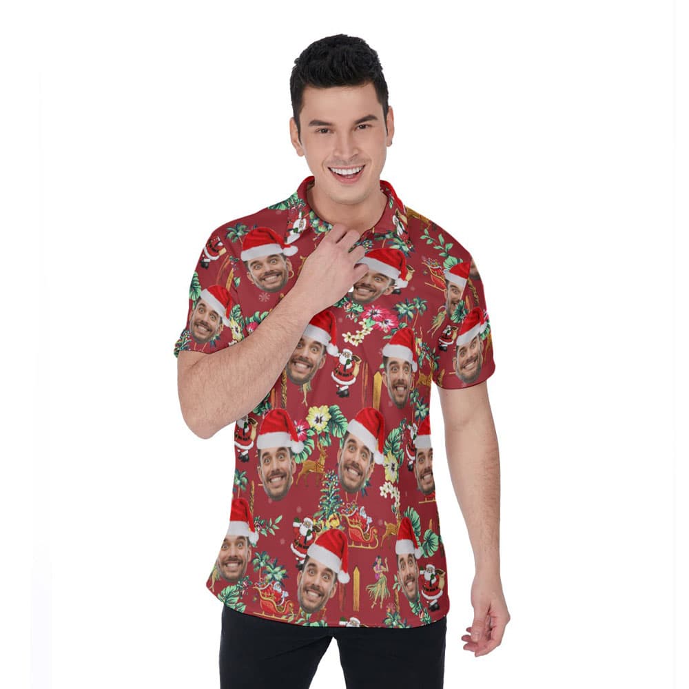 Classic Christmas Hawaiian Polo Shirt With Custom Face