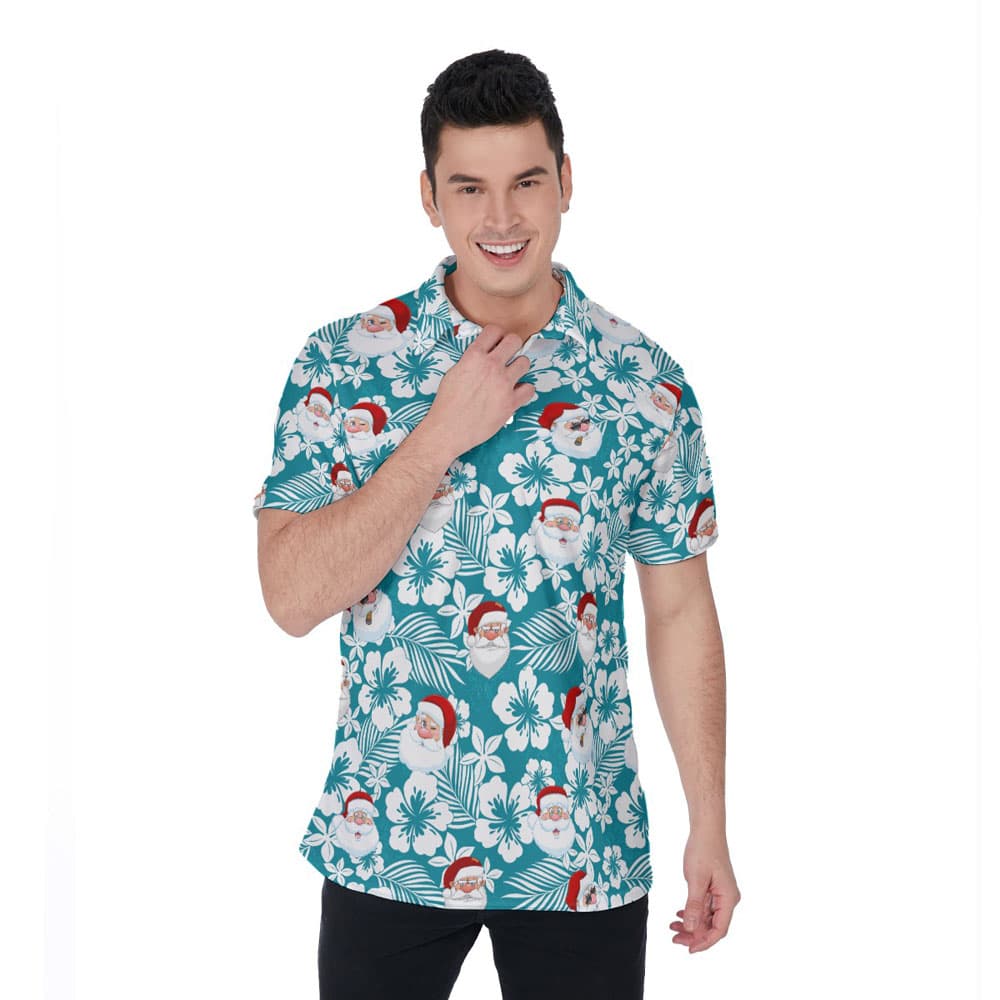 Classic Christmas Santa Claus Blue Hibiscus Hawaiian Polo Shirt