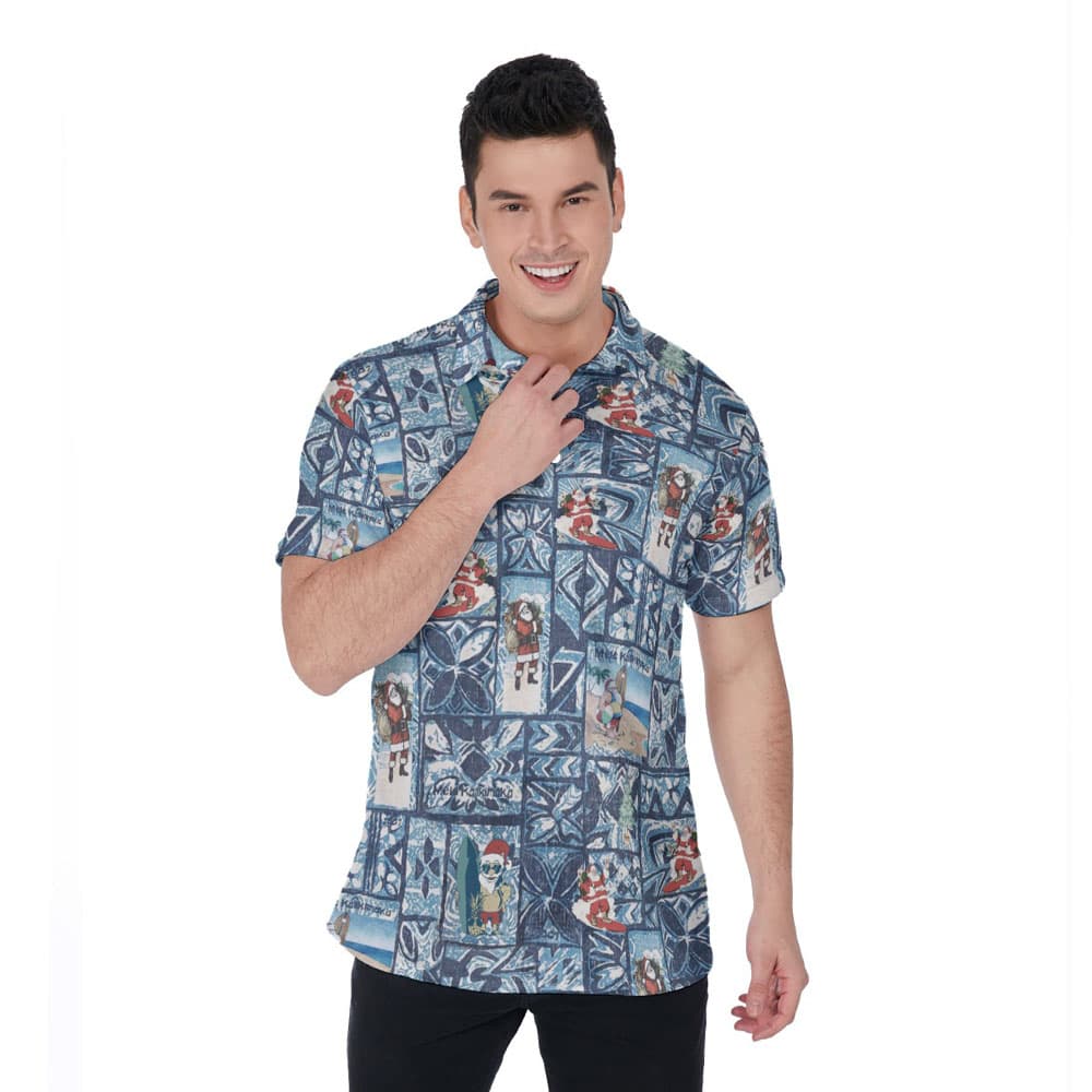 Classic Santa Claus Christmas Blue Hawaiian Polo Golf Shirt