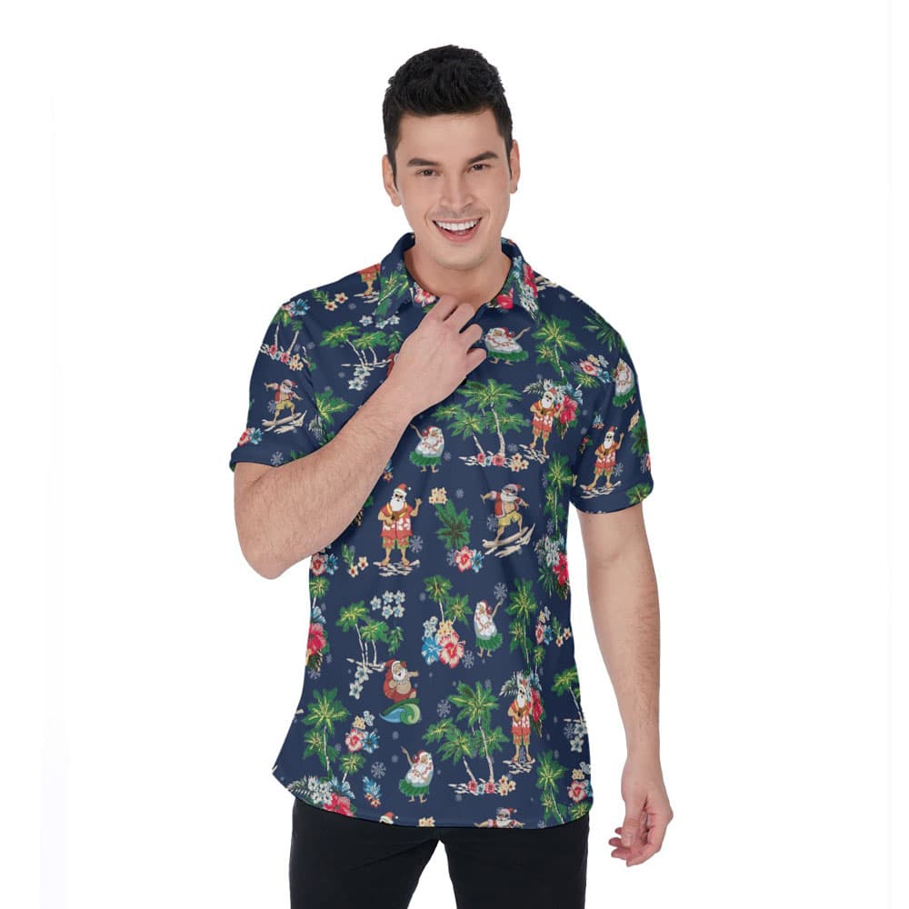 Classic Santa Claus Christmas Tropical Navy Hawaiian Polo Golf Shirt