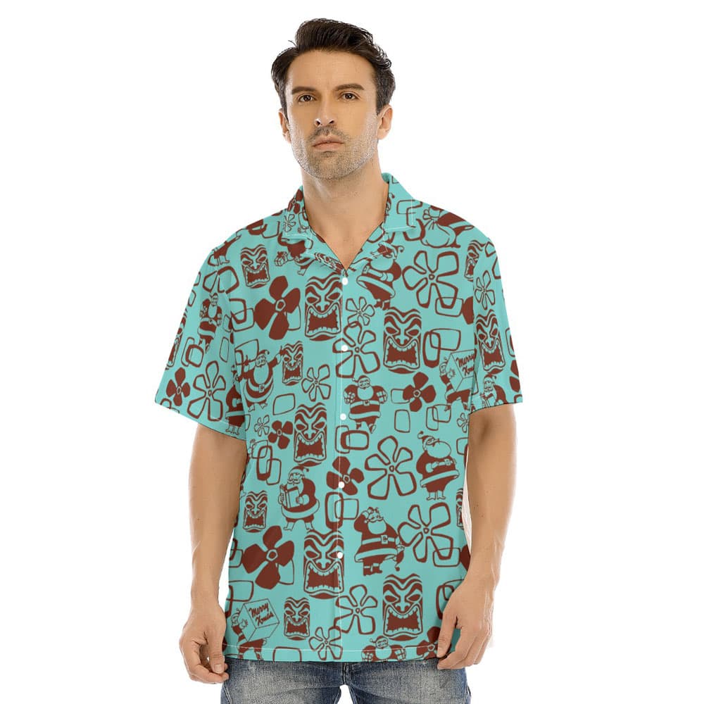 Classic Santa Claus Tiki Floral Christmas Blue Hawaiian Shirt