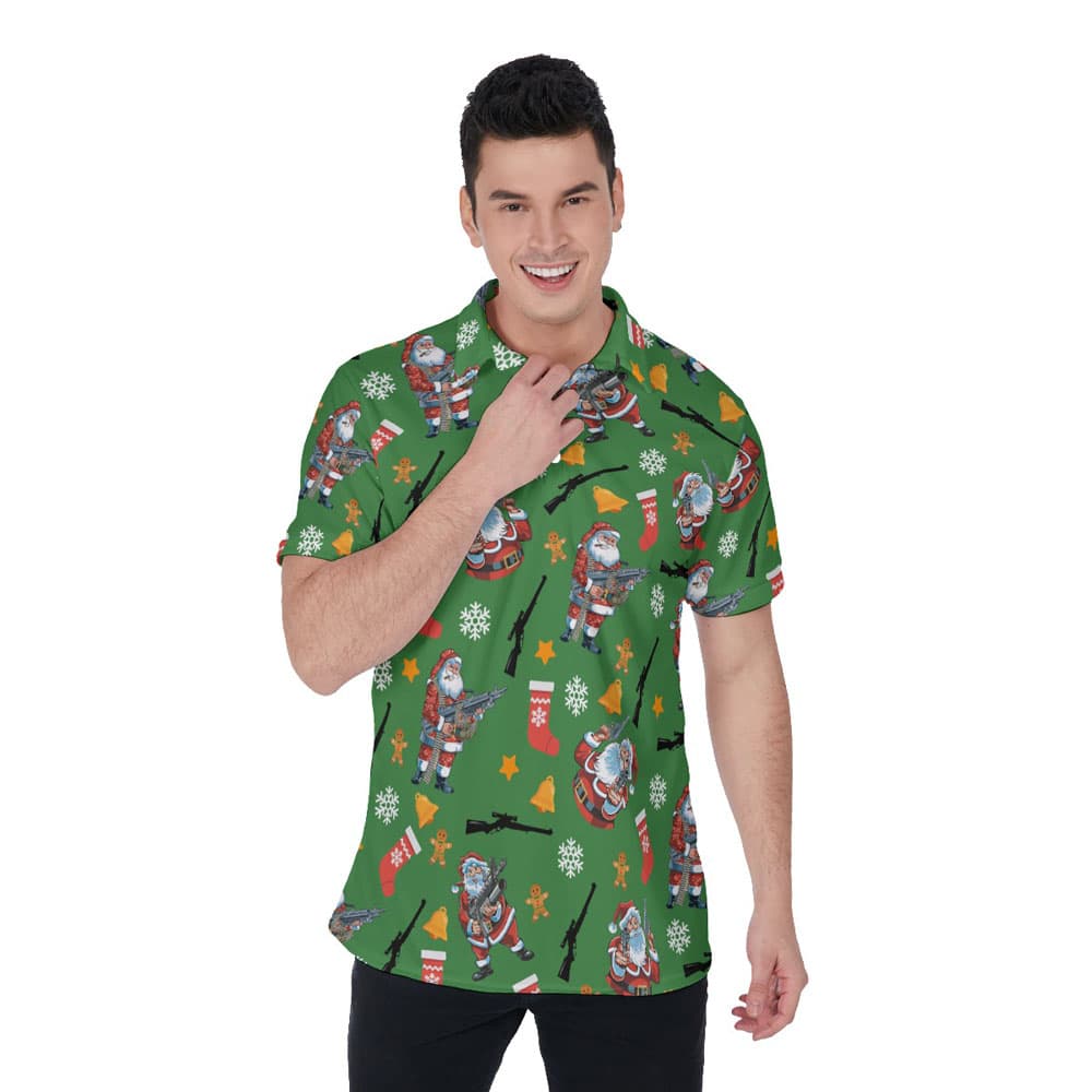 Cool Tactical Santa With Gun Christmas Hawaiian Polo Shirt For Men