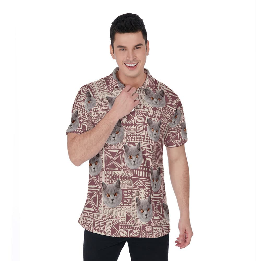 Custom Cat Face Vintage Hawaiian Polo Golf Shirt For Men
