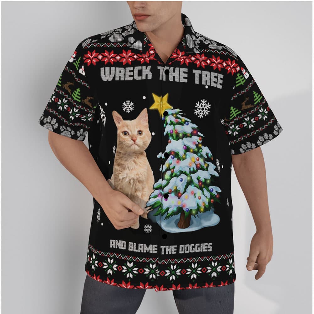 Custom Cat Face Wreck The Tree And Blame The Doggies Ugly Christmas Hawaiian Shirt