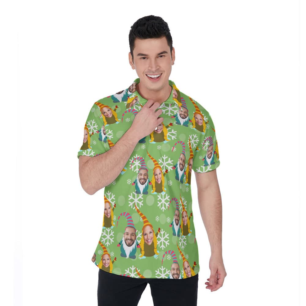 Custom Couple Face Christmas Gnomes Hawaiian Polo Shirt